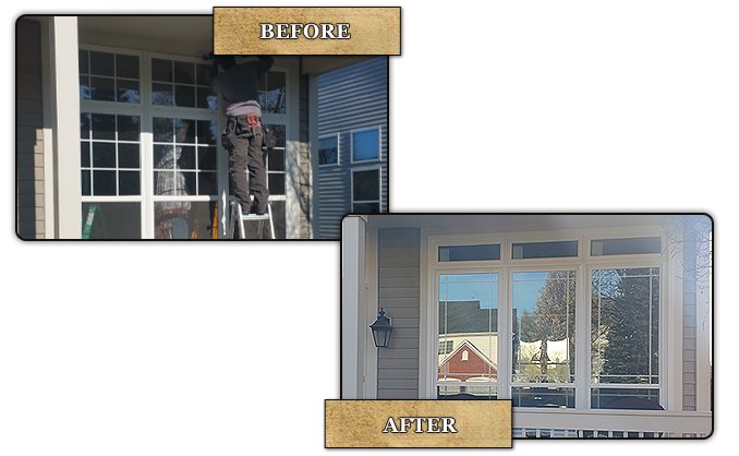 Before and after: large drafty windows on a sided home, replaced with a custom configuration of transoms over oriel-style units