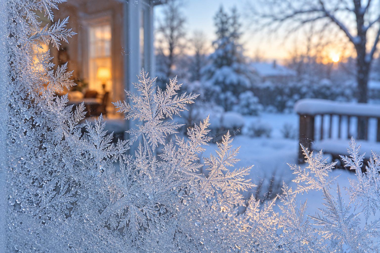 Frost crystals on a window pane on a winter morning, with a warm room behind